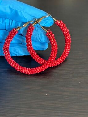 Red Beaded Hoop Earrings - Women Jewelry